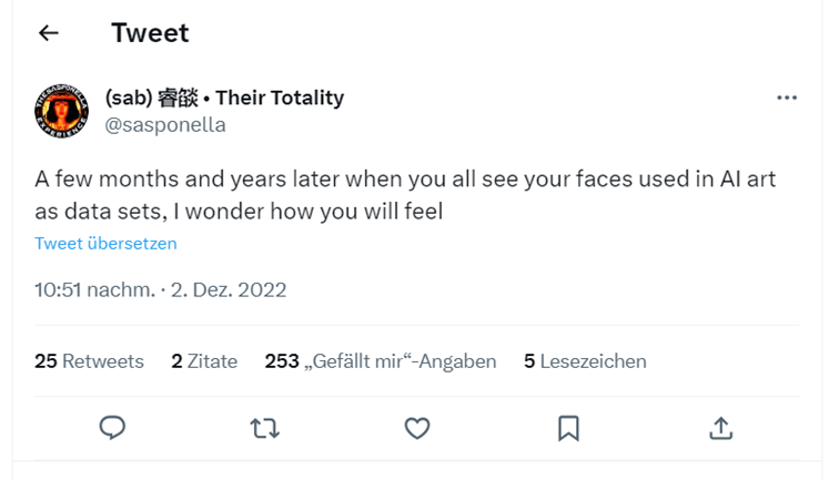 Screenshot eines Tweets von @sasponella:"A few months and years later when you all see your faces used in AI art as data sets, I wonder how you will feel.