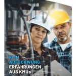 Das Bild zeigt eine Frau und einen Mann mit Helm im Hintergrund, sowie die Überschrift: KI im Aufschwung: Erfahrungen aus KMUs