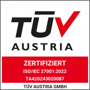 Badge TÜV zertifiziert nach ISO/IEC 27001:2022