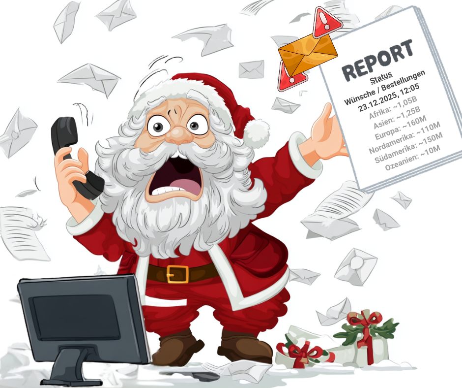 Santa hält einen weltweiten Bestellreport hoch, Mails fliegen chaotisch.