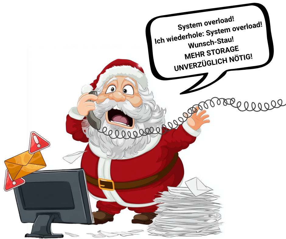 Santa telefoniert verzweifelt, Warnsymbole, System steht kurz vorm Kollaps.