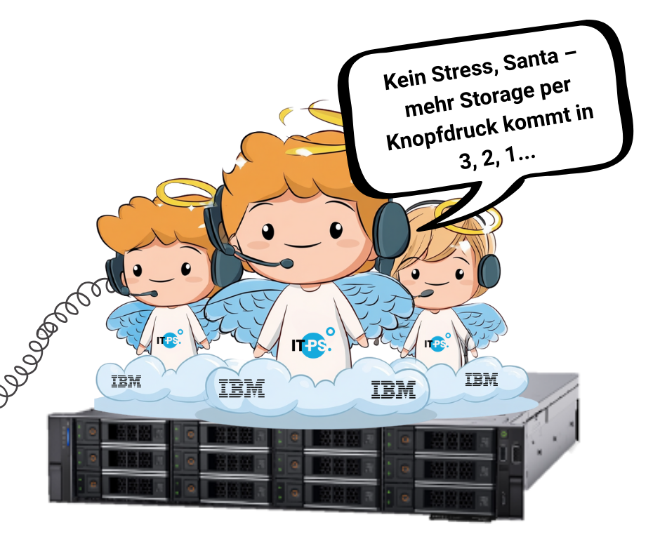 Drei IT-PS Engel auf IBM-Storage-Hardware, Headsets aktiv, bereit zur Hilfe.