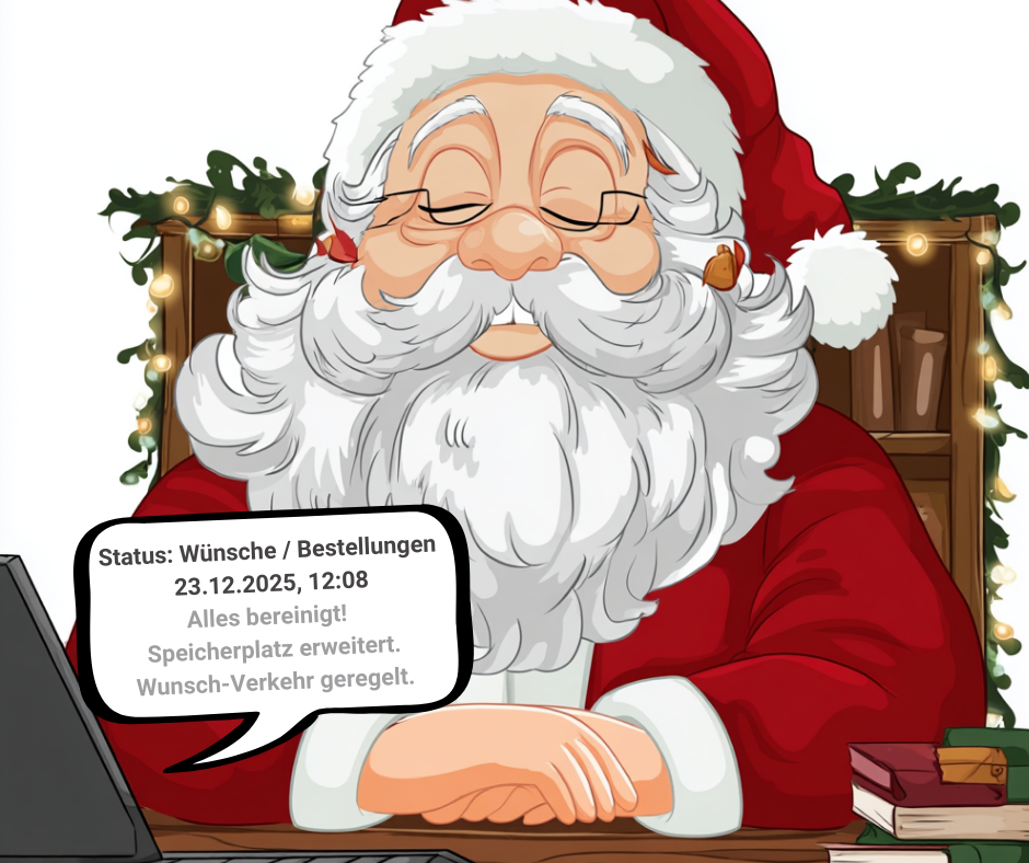 Santa entspannt am Schreibtisch, Systemsituation ruhig und stabil.