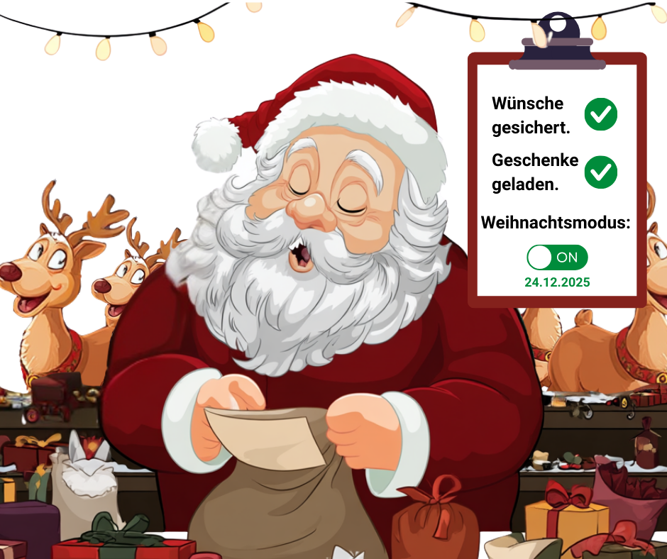 Santa mit gepackten Geschenken, Checkliste zeigt grüne Haken und Aktiv-Schalter.