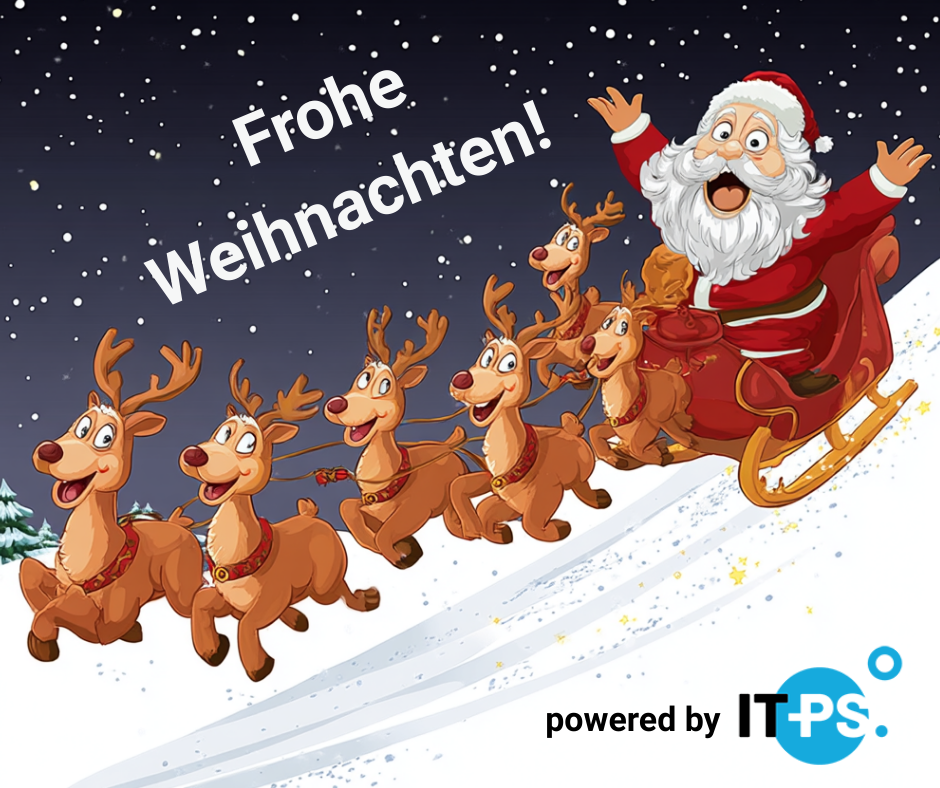 Santa im Schlitten mit Rentieren auf Sternenhimmel, IT-PS Logo powered by.