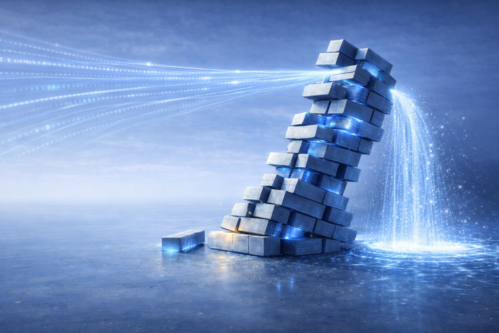 Instabiler Turm aus Bausteinen mit fehlendem Fundamentblock, während ein Datenstrom als digitaler Wasserfall nach unten stürzt.