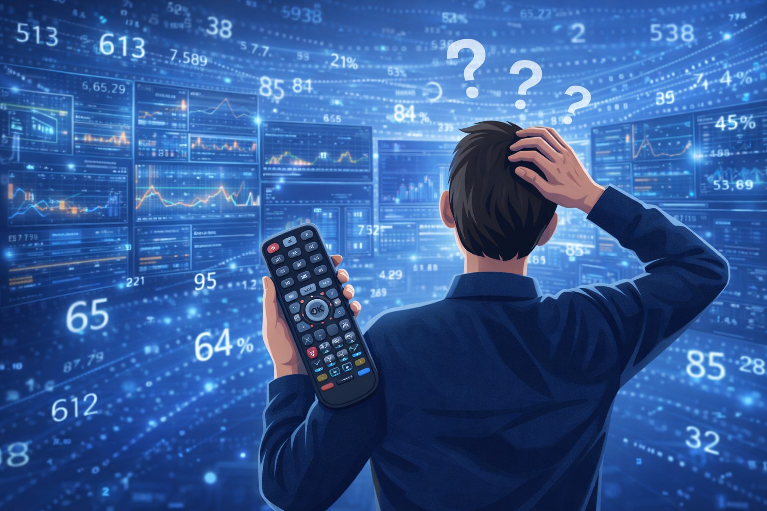 Ein Mitarbeiter mit einer verwirrenden Fernbedienung in der Hand und Fragezeichen über dem Kopf steht vor vielen Dashboards und Zahlen