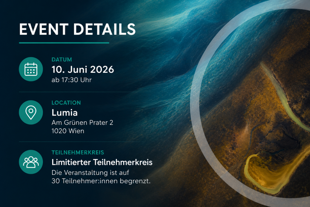 Grafik mit Eventdetails zum ESG & Data Executive Circle vor abstraktem Hintergrund in Blau- und Erdtönen. Die Grafik enthält Datum, Uhrzeit, Veranstaltungsort und Hinweis auf den limitierten Teilnehmerkreis.