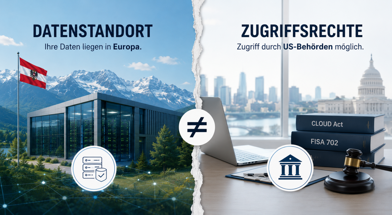 Headergrafik zum Thema Datensouveränität und Datenzugriff: Gegenüberstellung von europäischem Datenstandort und möglichen externen Zugriffsrechten unter US-Recht.
