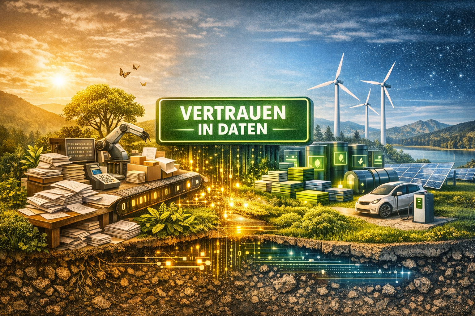 Visualisierung von ESG und nachhaltiger Digitalisierung: Daten bilden die Grundlage für erneuerbare Energie, effiziente Prozesse und nachhaltige Unternehmensentscheidungen.