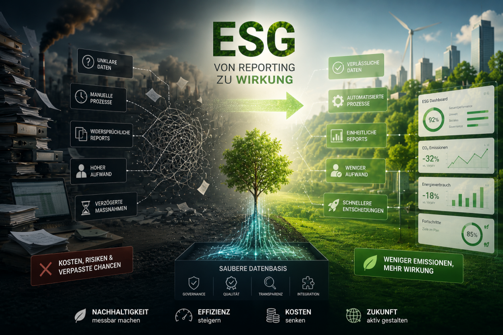 Transformation von chaotischen ESG-Datenprozessen zu transparenter und nachhaltiger Unternehmenssteuerung durch saubere Datenbasis.