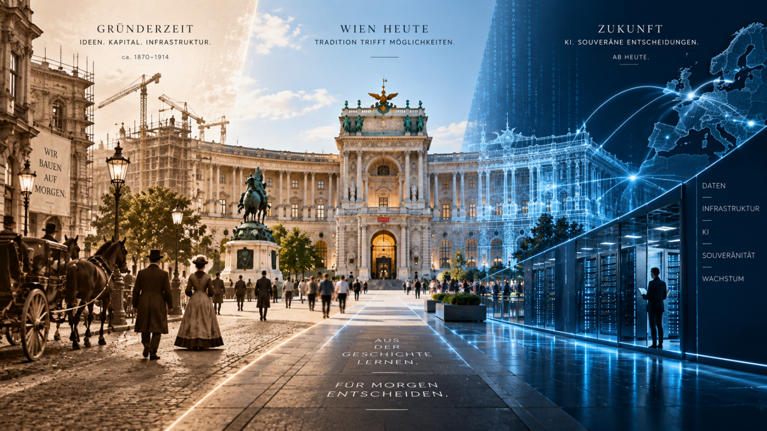 Ein Bild in 3 Teilen: links Wien/Hofburg Gründerzeit/mitte Hofburg heute/rechts Hofburg digital als Sinnbild für Zukunft