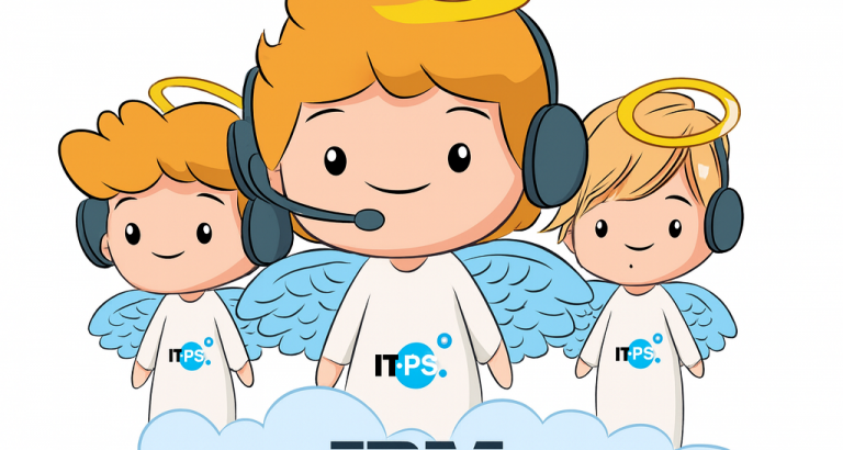 Comiczeichnung 3 Engel mit Headset, mit IT-PS T-SHirt auf einer IBM Wolke