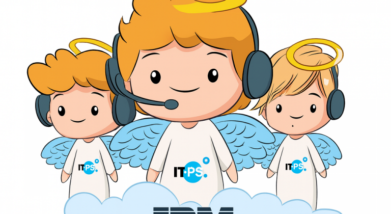 Comiczeichnung 3 Engel mit Headset, mit IT-PS T-SHirt auf einer IBM Wolke