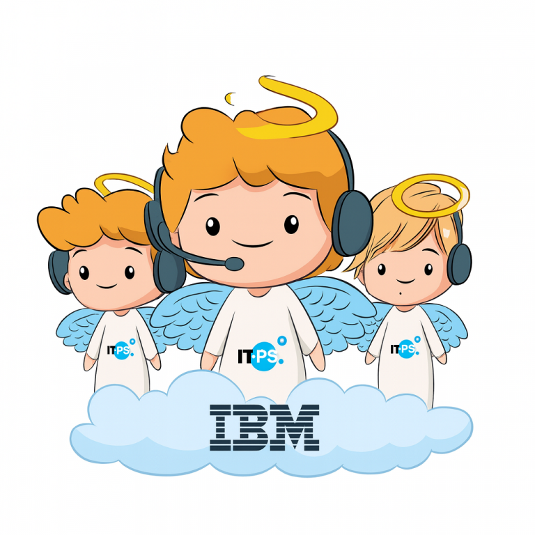 Comiczeichnung 3 Engel mit Headset, mit IT-PS T-SHirt auf einer IBM Wolke