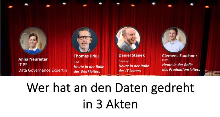 Das Bild zeigt einen Bühnenvorhang mit den Darstellern Anna Neureiter, Thomas Jirku, Daniel Stanek und Clemens Zauchner