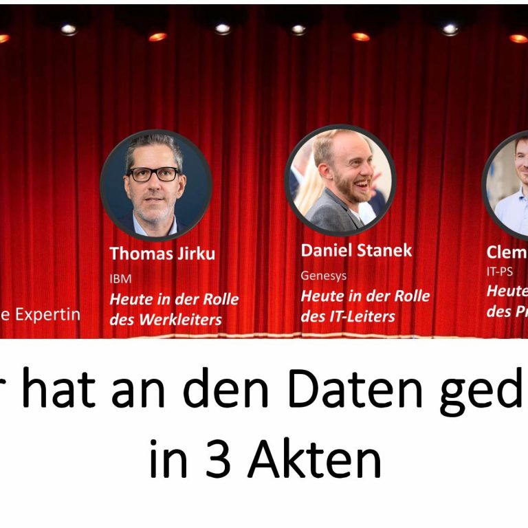 Das Bild zeigt einen Bühnenvorhang mit den Darstellern Anna Neureiter, Thomas Jirku, Daniel Stanek und Clemens Zauchner