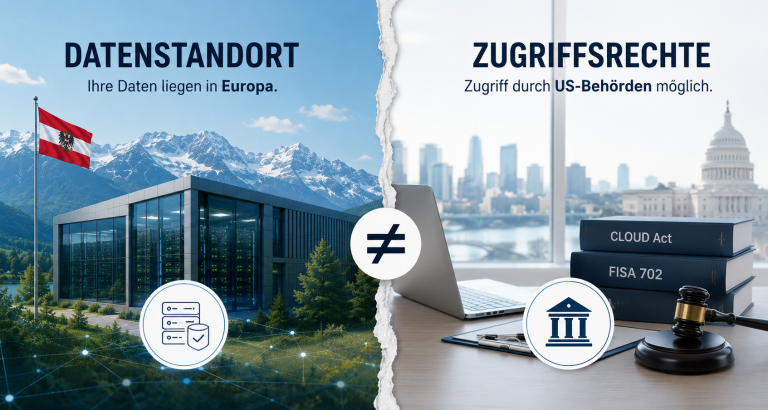 Headergrafik zum Thema Datensouveränität und Datenzugriff: Gegenüberstellung von europäischem Datenstandort und möglichen externen Zugriffsrechten unter US-Recht.