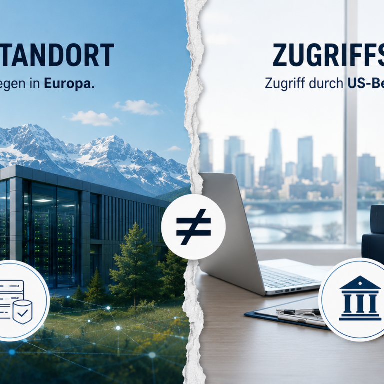 Headergrafik zum Thema Datensouveränität und Datenzugriff: Gegenüberstellung von europäischem Datenstandort und möglichen externen Zugriffsrechten unter US-Recht.