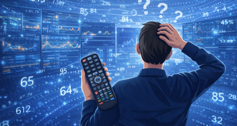 Ein Mitarbeiter mit einer verwirrenden Fernbedienung in der Hand und Fragezeichen über dem Kopf steht vor vielen Dashboards und Zahlen