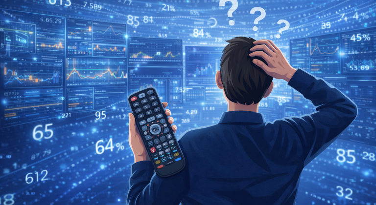 Ein Mitarbeiter mit einer verwirrenden Fernbedienung in der Hand und Fragezeichen über dem Kopf steht vor vielen Dashboards und Zahlen