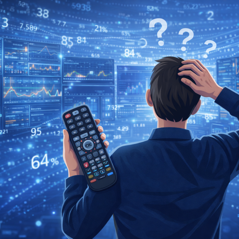 Ein Mitarbeiter mit einer verwirrenden Fernbedienung in der Hand und Fragezeichen über dem Kopf steht vor vielen Dashboards und Zahlen