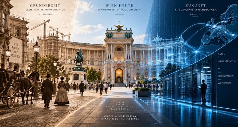Ein Bild in 3 Teilen: links Wien/Hofburg Gründerzeit/mitte Hofburg heute/rechts Hofburg digital als Sinnbild für Zukunft