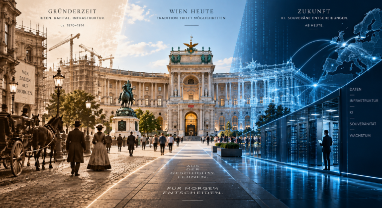 Ein Bild in 3 Teilen: links Wien/Hofburg Gründerzeit/mitte Hofburg heute/rechts Hofburg digital als Sinnbild für Zukunft