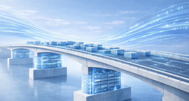 Digitale Brücke mit Datenströmen, getragen von Storage-Infrastruktur als Fundament moderner Plattformarchitektur.